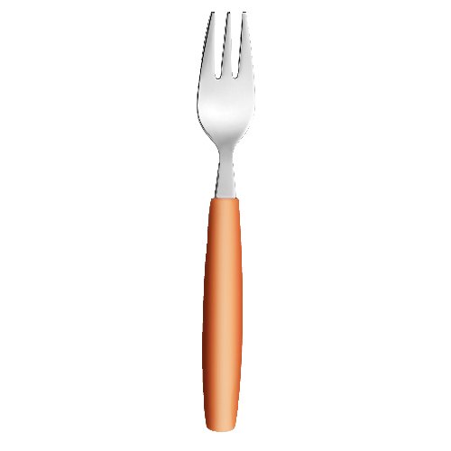Amefa Kuchengabel aus Edelstahl mit orangefarbenem Griff, ideal für den Einsatz in Kindergärten.
