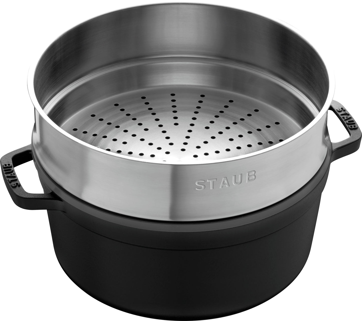 Staub Cocotte mit Dämpfeinsatz, 24 cm aus Gusseisen für schonendes Garen.