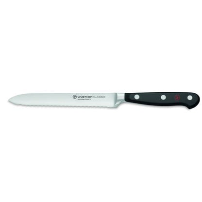 WÜSTHOF Aufschnittmesser mit Wellenschliff 14 cm für präzises Schneiden von Lebensmitteln.