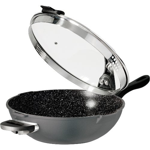Stoneline Wok Ø32cm Aluguss antihaft mit Siebglasdeckel für professionelle Küchen