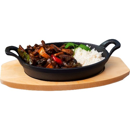 Gusseiserner Servierartikel oval mit Holztablett für Gastronomie