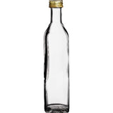 Bormioli Glasflasche eckig mit goldf. Schraubverschluß Ø 2,5/3cm VPE 12 125ml  LxBXH in cm: 4x4x15 cm