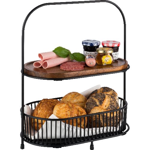 Zweistufige Etagere aus Eisen mit Akazienholz für Gastronomie