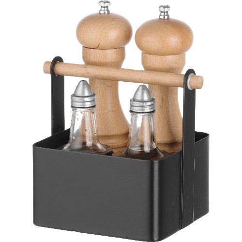 Hendi Table Caddy aus mattschwarzem Edelstahl mit Holzgriff für die Gastronomie.