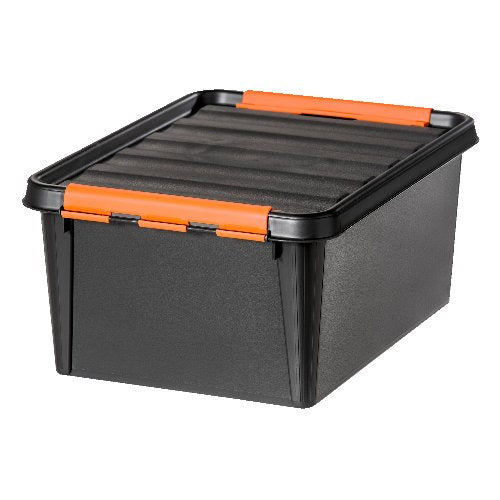 Orthex Box Robust schwarz für Transport und Lagerung von Lebensmitteln.