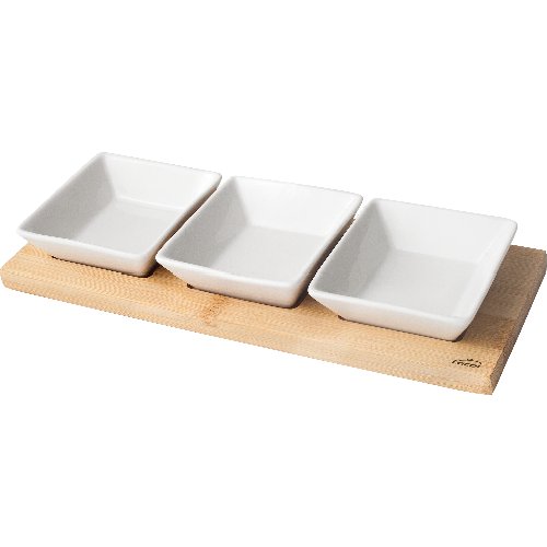 Lacor Serviertablett aus Bambus mit 3 quadratischen Porzellan-Schalen für Gastronomie
