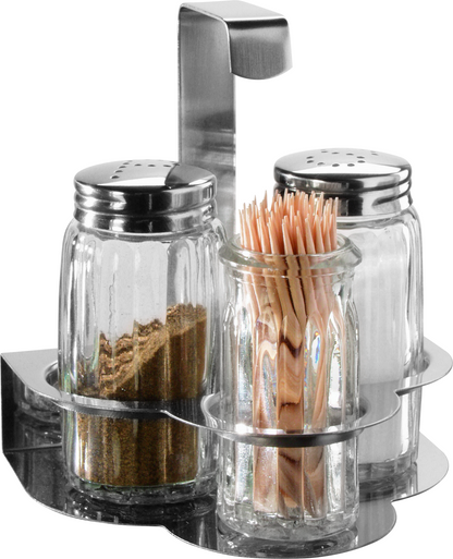 cent Salz/Pfeffer/Zahnstocher-Set aus Glas und Edelstahl für Gastronomie