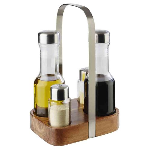APS Menage -WOOD- Set mit Essig- und Ölspender sowie Salz- und Pfefferstreuer