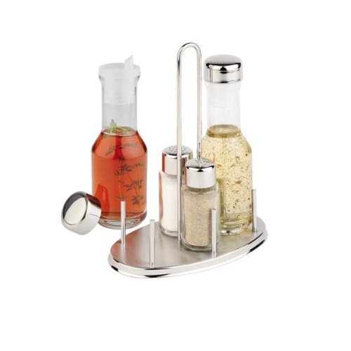 APS Menage -CLASSIC- aus Edelstahl mit Glasbehältern für Essig, Öl, Salz und Pfeffer.