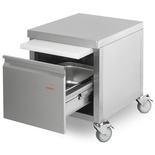 Fahrbarer Unterschrank AE 20-2 von FEUMA aus Edelstahl für professionelle Küchen
