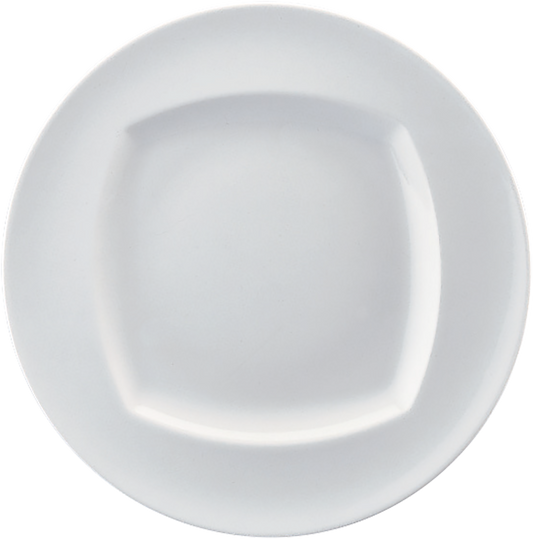 Flacher runder Teller aus Porzellan, ideal für gastronomische Anwendungen.