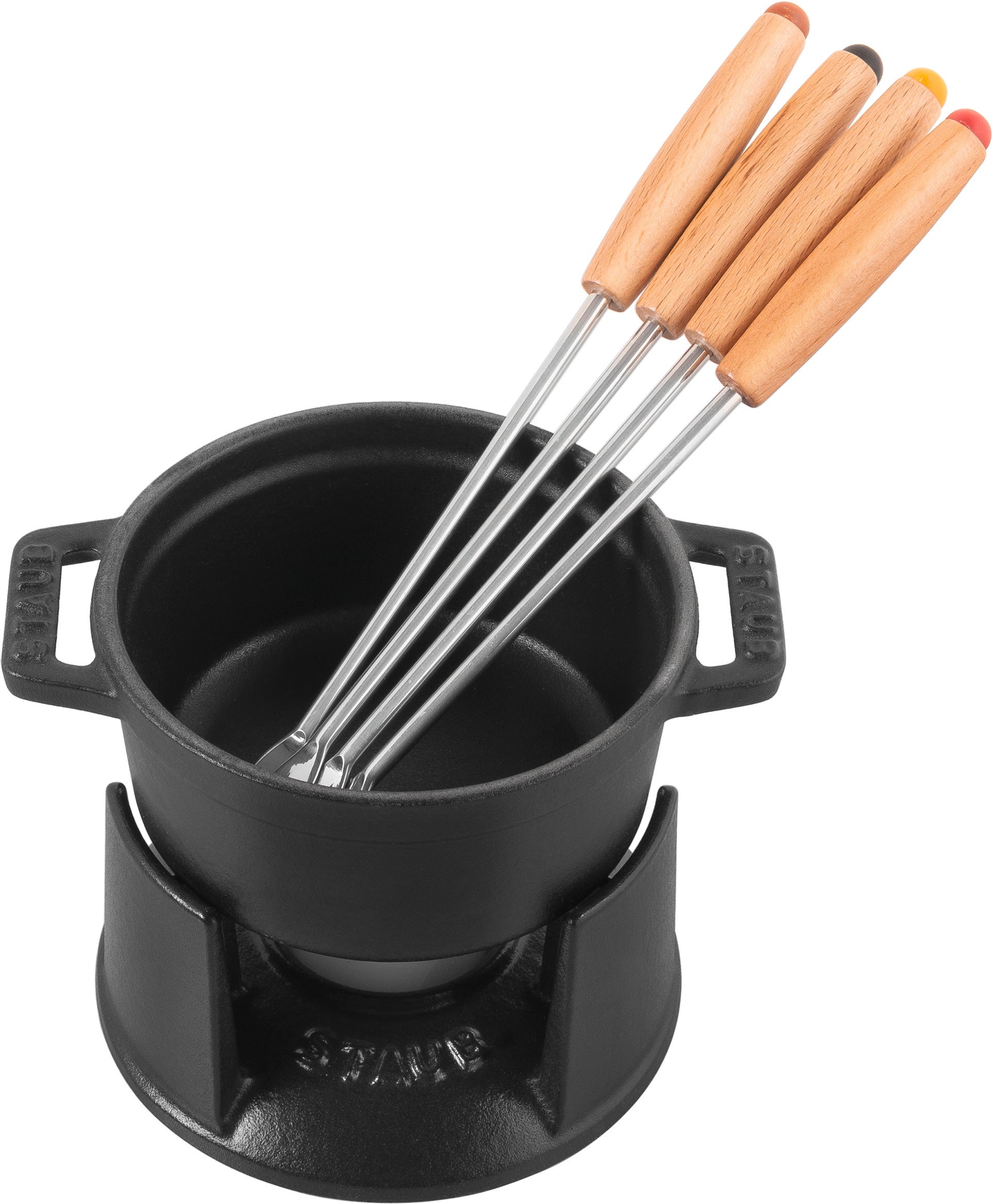 Staub Mini Fondue Set aus Gusseisen für gesellige Abende.