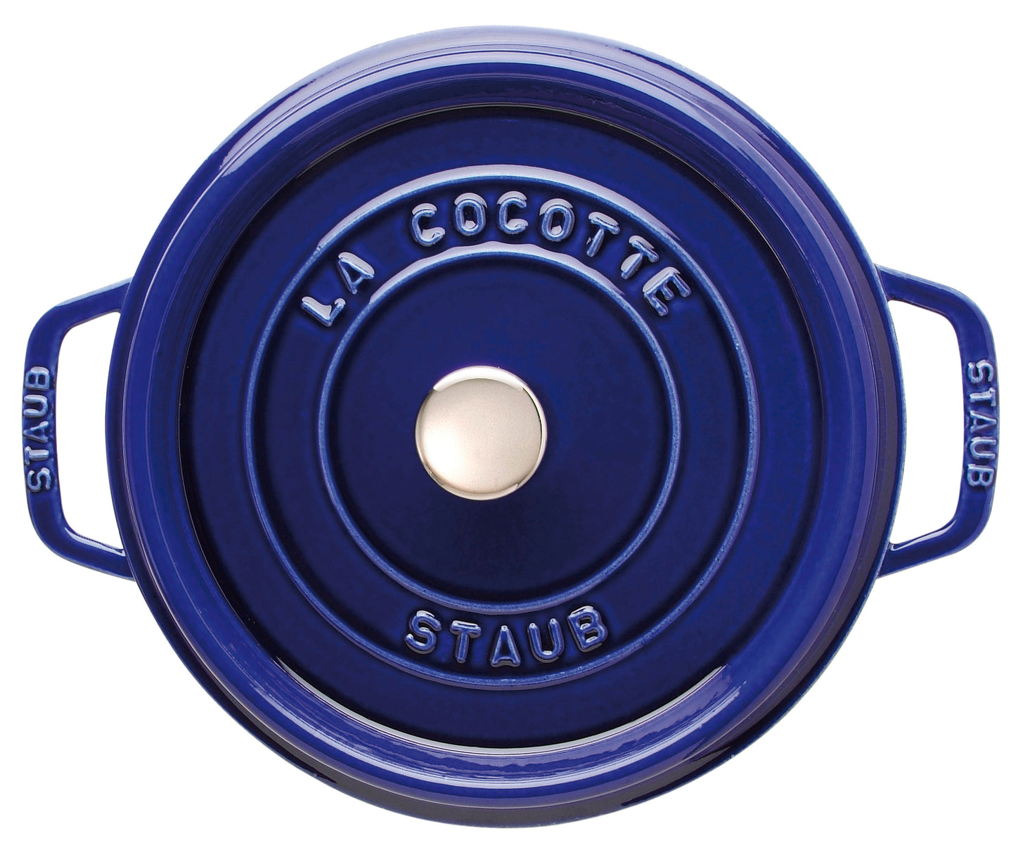 Staub Cocotte 30 cm in dunkelblau, ideal für die Zubereitung von Speisen.
