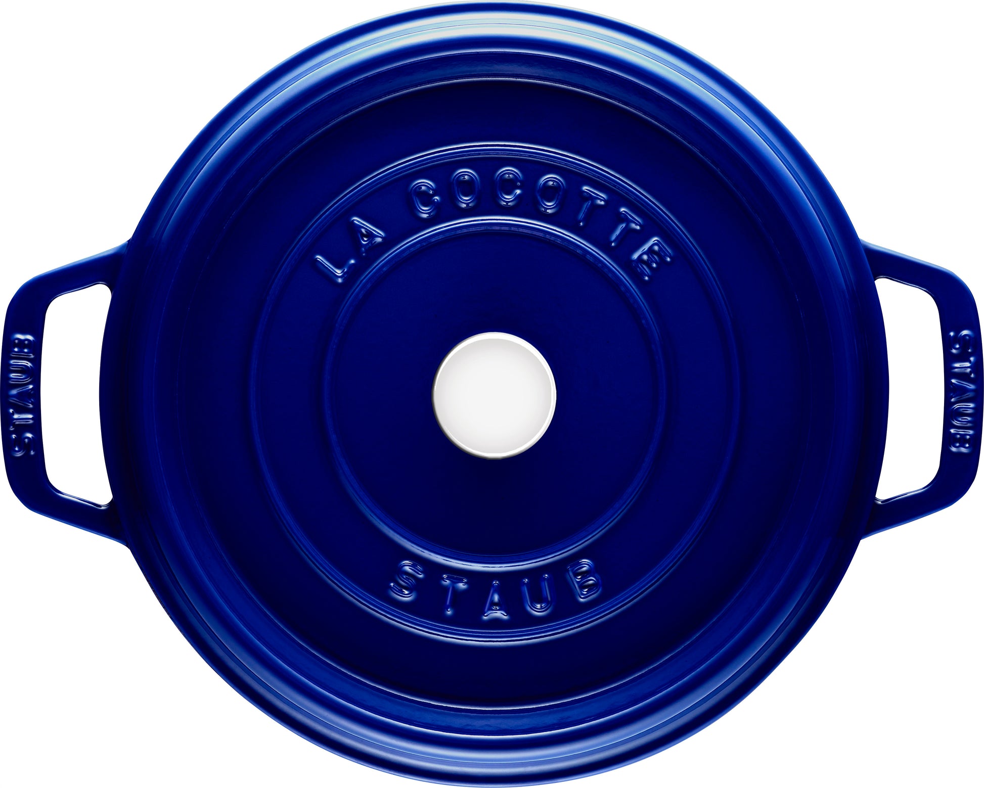 Staub Cocotte 30 cm in dunkelblau, ideal für die Zubereitung von Speisen.