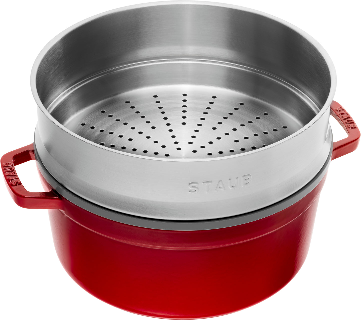 Staub Cocotte mit Dämpfeinsatz, 26 cm in Kirsch-Rot für fettfreies Garen