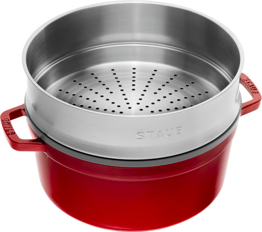 Staub Cocotte mit Dämpfeinsatz, 26 cm in Kirsch-Rot für fettfreies Garen