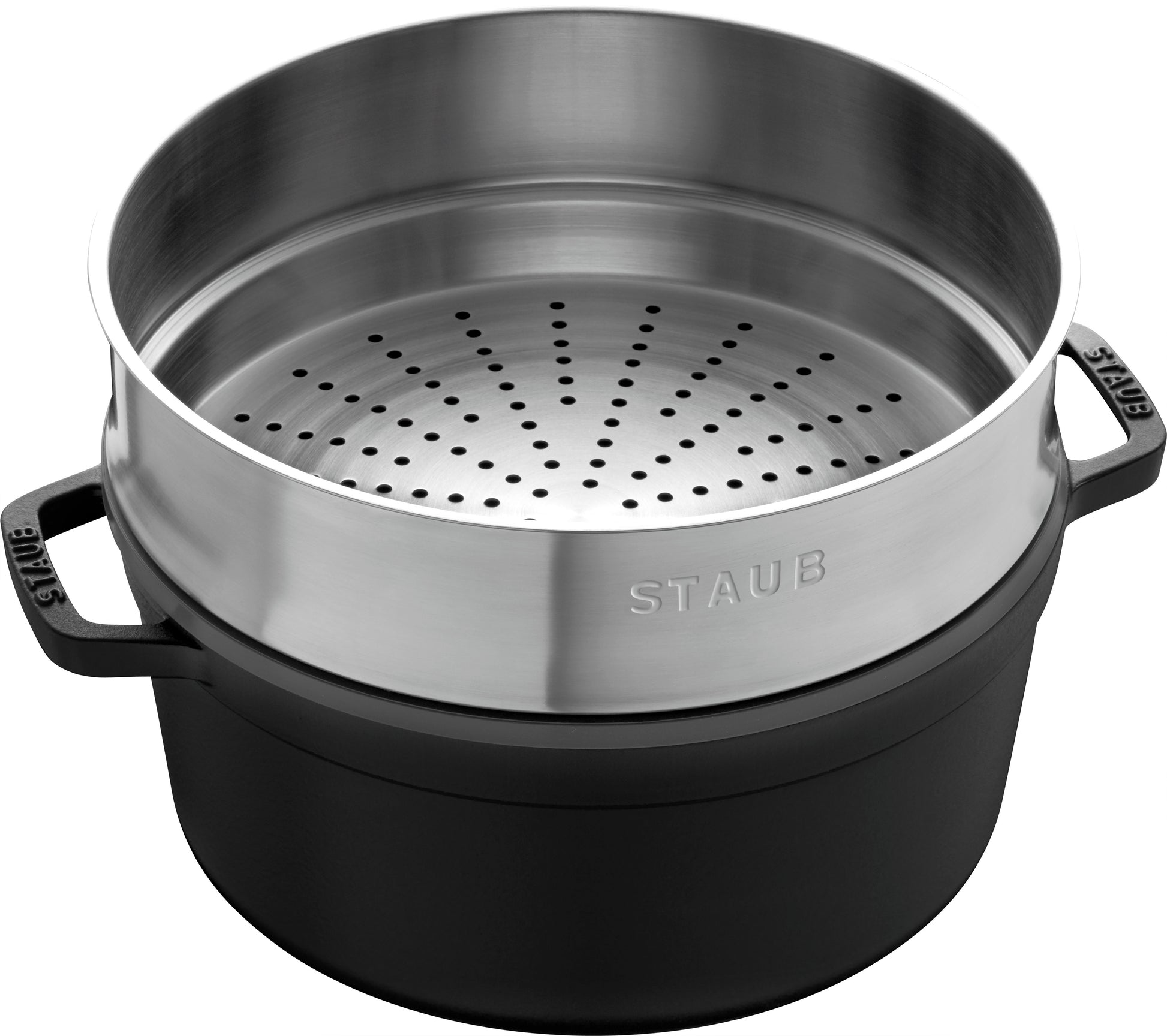Staub Cocotte mit Dämpfeinsatz, 26 cm aus Gusseisen für gesundes Kochen und Dämpfen.