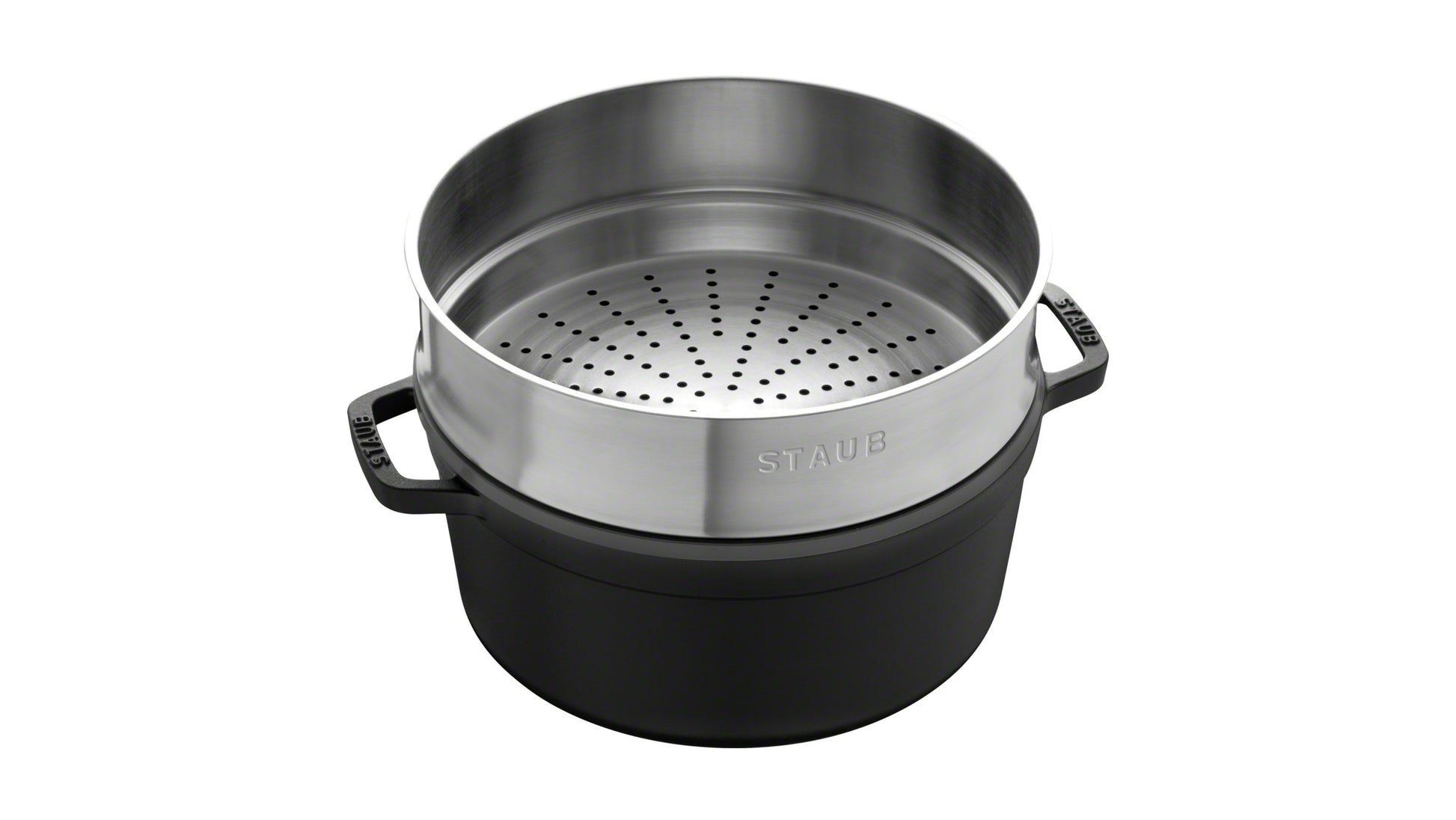 Staub Cocotte mit Dämpfeinsatz, 26 cm aus Gusseisen für gesundes Kochen und Dämpfen.