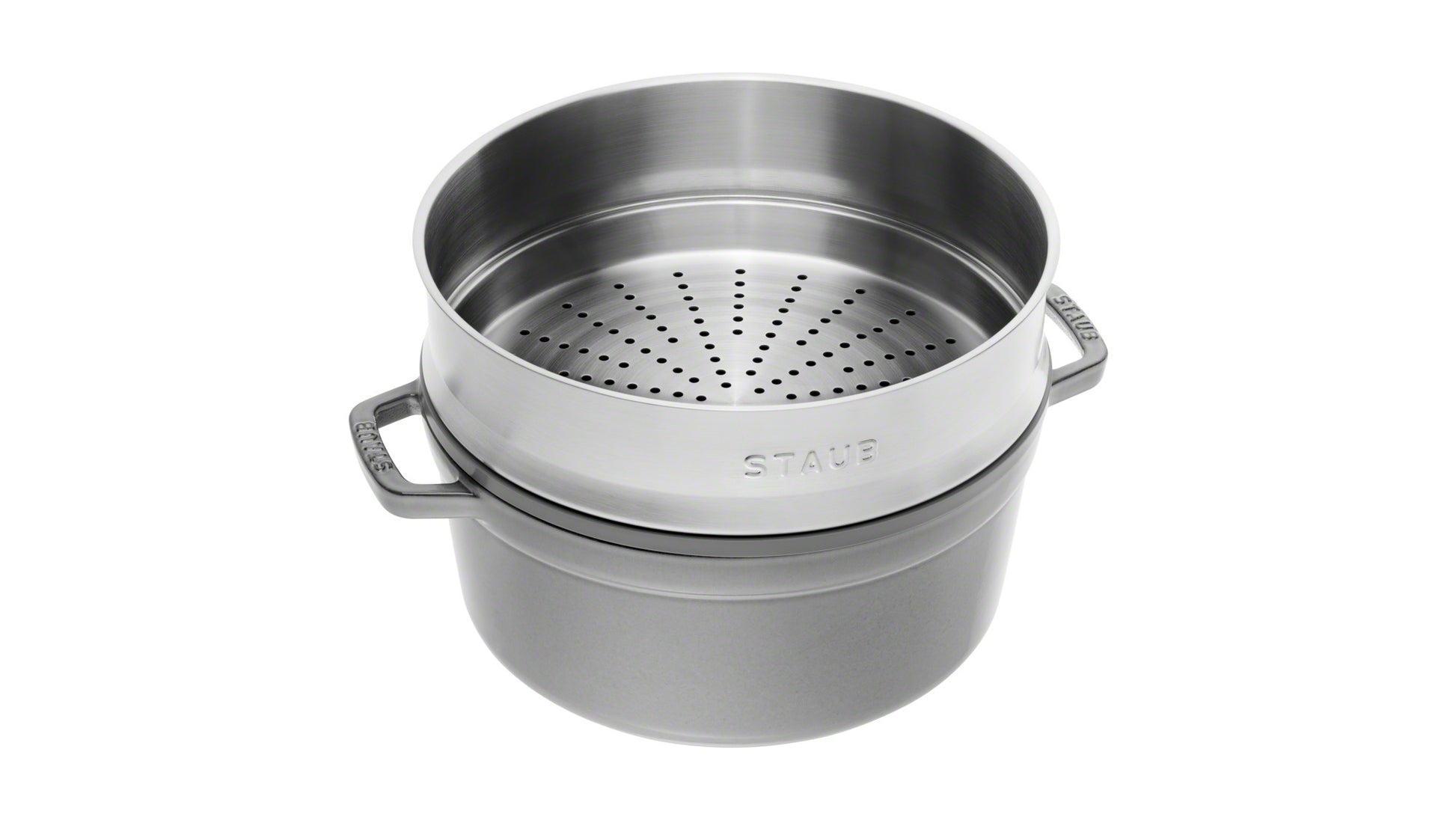 Staub Cocotte mit Dämpfeinsatz, 24 cm, ideal für schonendes Garen in der Gastronomie.