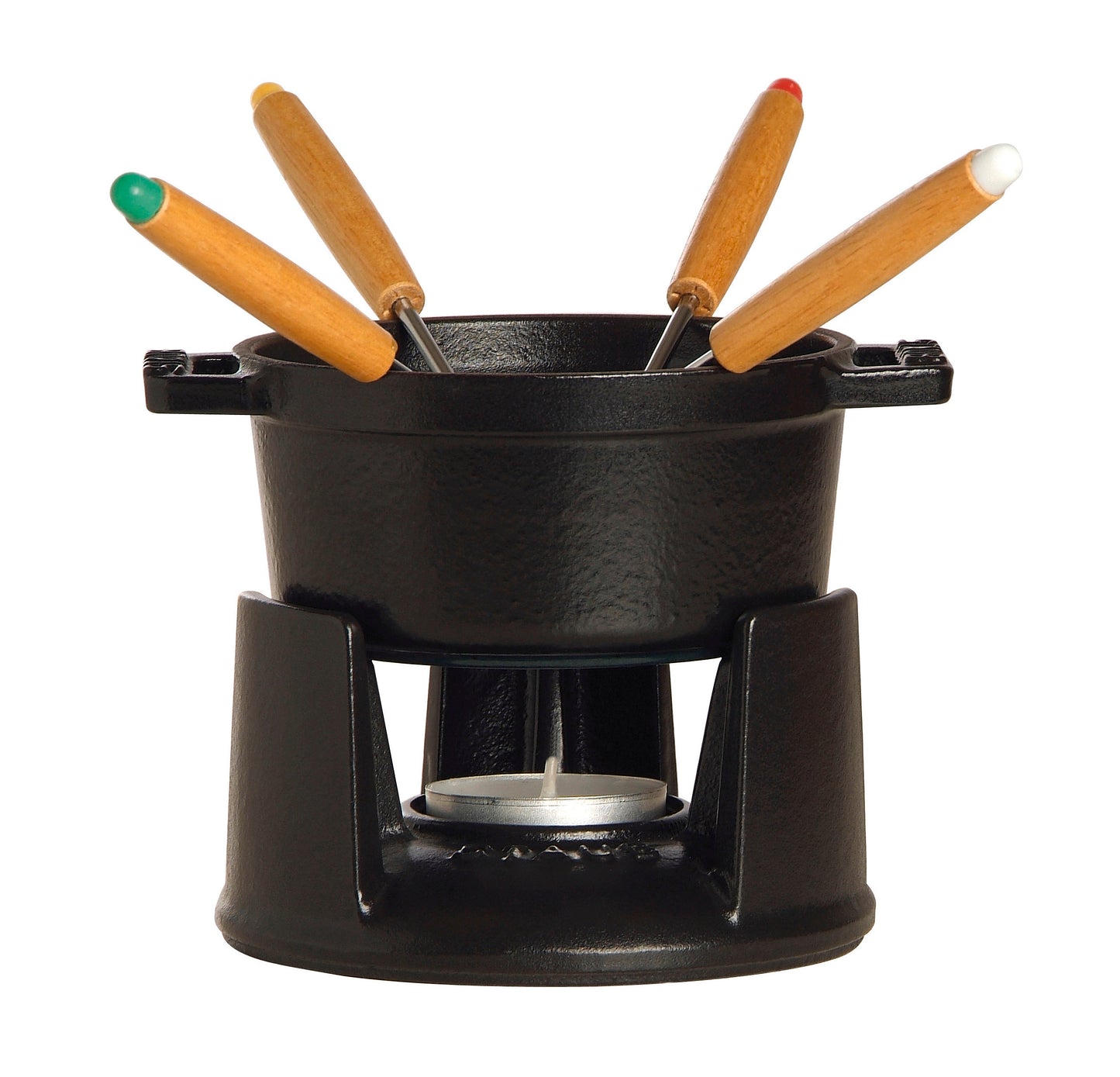 Staub Mini Fondue Set aus Gusseisen für gesellige Abende.