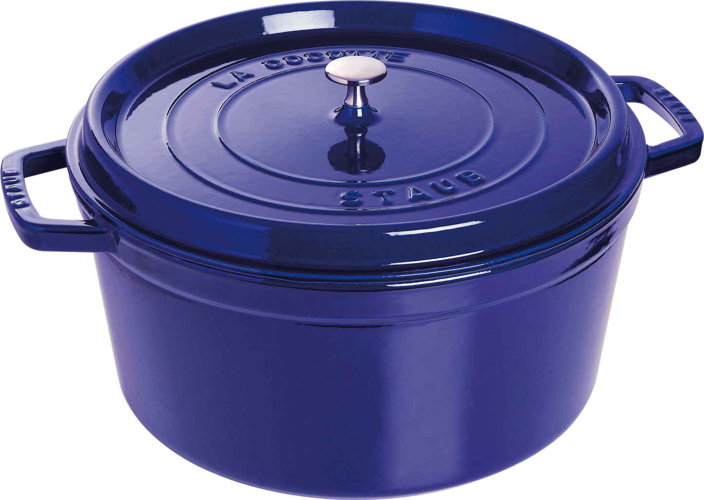 Staub Cocotte 30 cm in dunkelblau, ideal für die Zubereitung von Speisen.