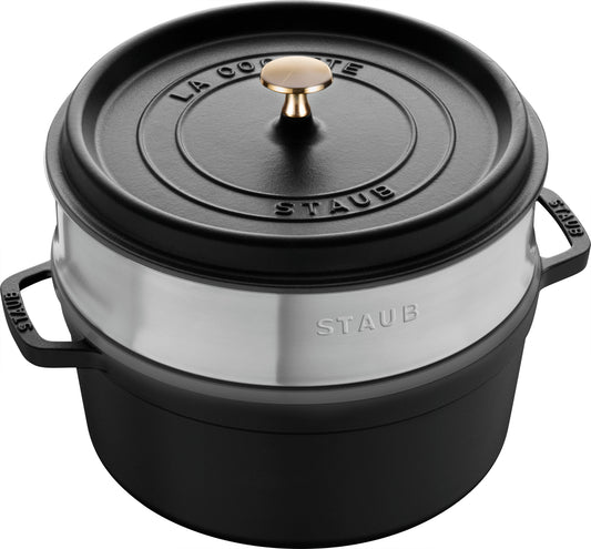 Staub Cocotte mit Dämpfeinsatz, 24 cm aus Gusseisen für schonendes Garen.